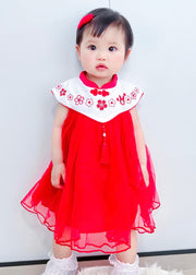 Lovely Red Stand Collar Embroidered Floral Tassel Patchwork Button Tulle Baby Long Dresses Summer