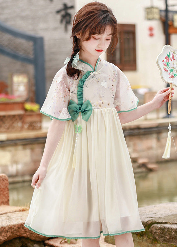 Lovely Stand Collar Ruffled Patchwork Floral Bow Tulle Kids Long Dress Short Sleeve