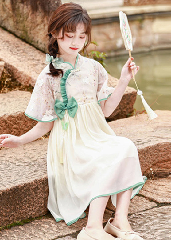 Lovely Stand Collar Ruffled Patchwork Floral Bow Tulle Kids Long Dress Short Sleeve