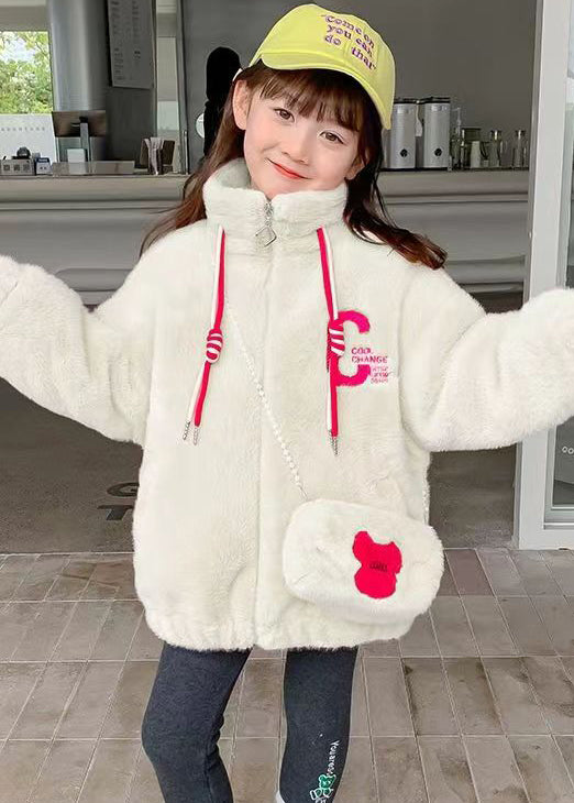 Lovely White Embroidered Pockets Warm Fleece Kids Girls Coats Winter