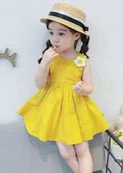 Lovely Yellow Floral Patchwork Cotton Girls Mid Dresses Sleeveless