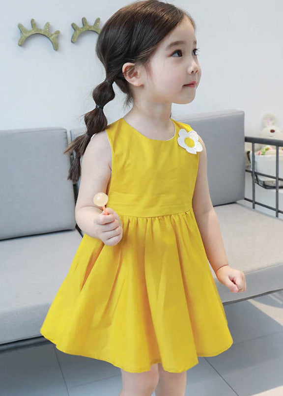 Lovely Yellow Floral Patchwork Cotton Girls Mid Dresses Sleeveless