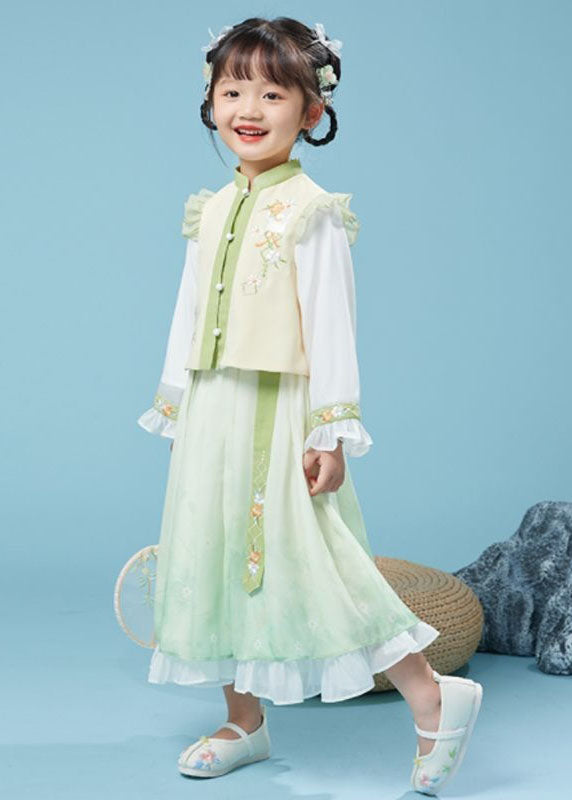 Lovely Yellow Green Stand Collar Embroidered Kids Top And Maxi Skirts Two Piece Set Fall