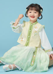 Lovely Yellow Green Stand Collar Embroidered Kids Top And Maxi Skirts Two Piece Set Fall