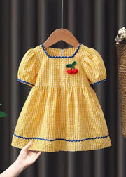 Lovely Yellow Plaid Floral Patchwork Cotton Baby Maxi Dress Short Sleeve