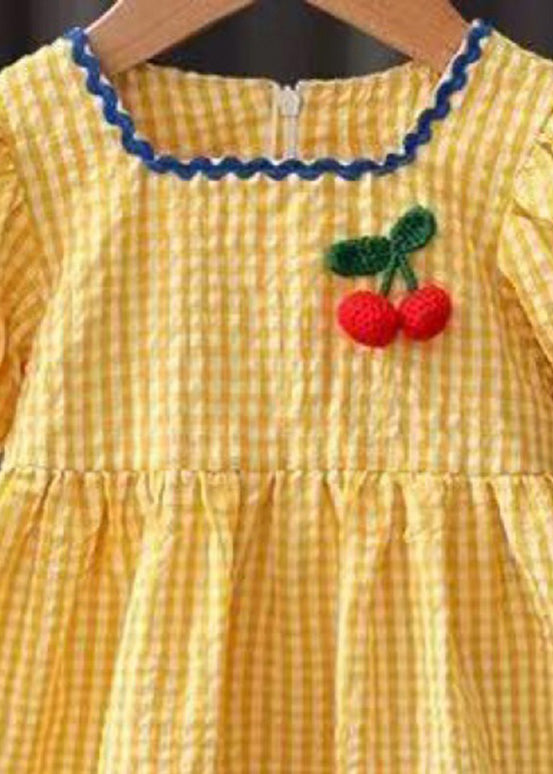 Lovely Yellow Plaid Floral Patchwork Cotton Baby Maxi Dress Short Sleeve