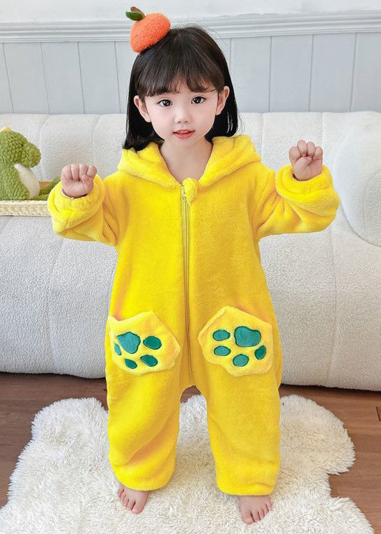 Lovely Yellow Zippered Pockets Fluffy Boys Girls Pajamas Jumpsuit Spring