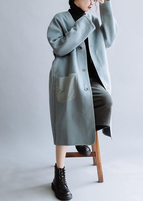 Luxury  oversize Coats winter  women coats blue v neck Button Down Woolen Coat - SooLinen
