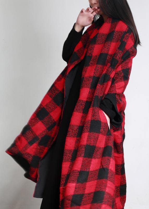 Luxury  plus size clothing long winter coat outwear red plaid asymmetric wool coat - SooLinen
