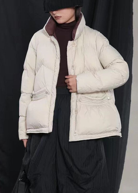 Luxury Beige Pockets Button Cinched Winter Duck Down Coat