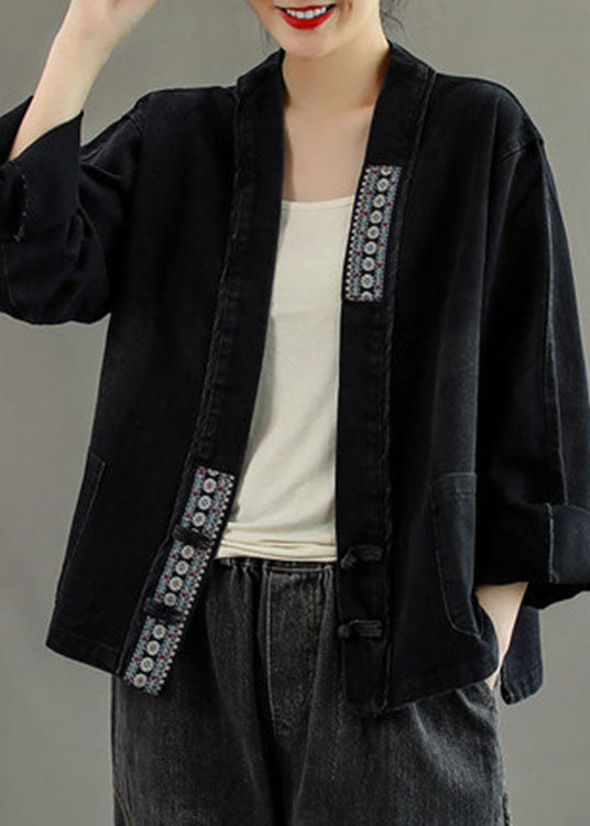 Luxury Black Embroidered Pockets Button Patchwork Fall Denim Coat