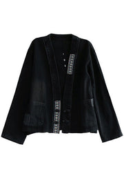 Luxus-Patchwork-Fall-Denim-Mantel mit schwarzen bestickten Taschen