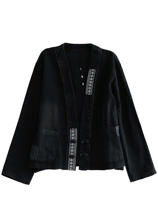 Luxury Black Embroidered Pockets Button Patchwork Fall Denim Coat
