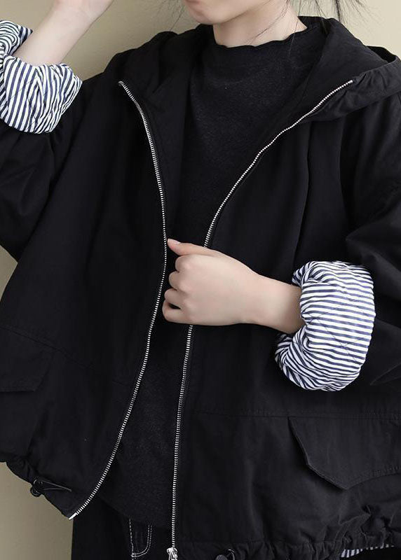 Luxuriöser, schwarzer, langärmliger Wintermantel aus Baumwolle mit Kapuze und Reißverschluss