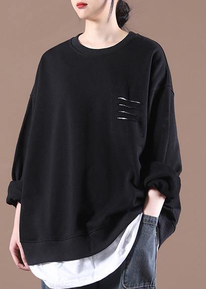 Luxury Black Patchwork Pullover Streetwear Tops - SooLinen