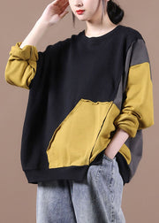 Luxury Black Patchwork Yellow Loose Fall Sweatshirt Street Wear