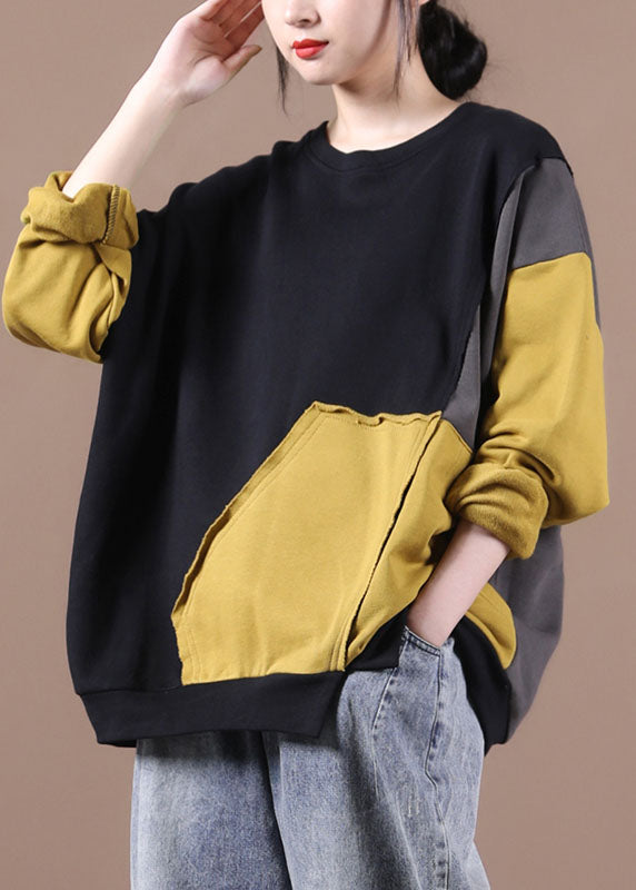 Luxury Black Patchwork Yellow Loose Fall Sweatshirt Street Wear