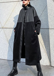 Luxury Black Woolen Patchwork PU zippered Winter Cotton Women Coats