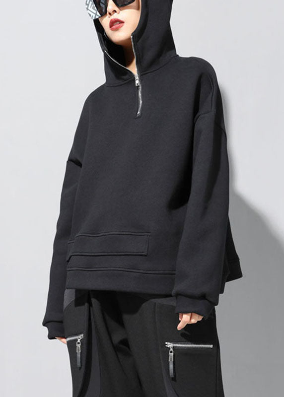 Luxuriöses, schwarzes, asymmetrisches Herbst-Sweatshirt mit Kapuze und Reißverschluss