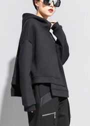 Luxuriöses, schwarzes, asymmetrisches Herbst-Sweatshirt mit Kapuze und Reißverschluss