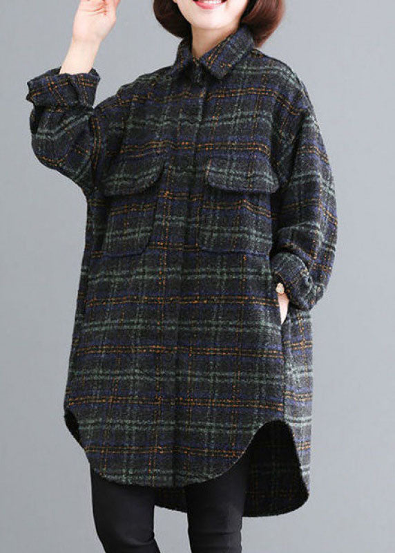 Luxury Blue Green Plaid Pockets Button Fall Thick Long sleeve Coat