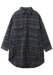 Luxury Blue Green Plaid Pockets Button Fall Thick Long sleeve Coat