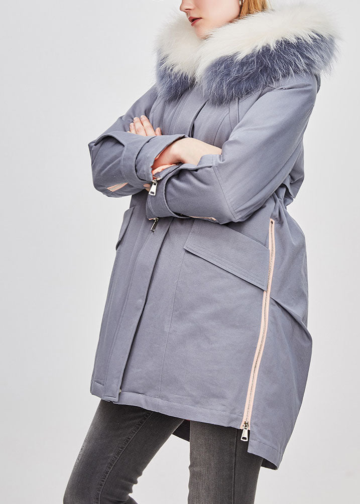 Luxury Blue Grey hooded Fur collar drawstring Winter Duck Down Winter Coats