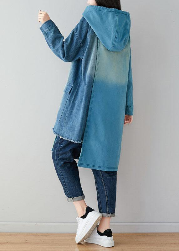 Luxury Blue Hooded Pockets Patchwork Asymmetrical Design Print Fall Pullover Sweatshirt - SooLinen