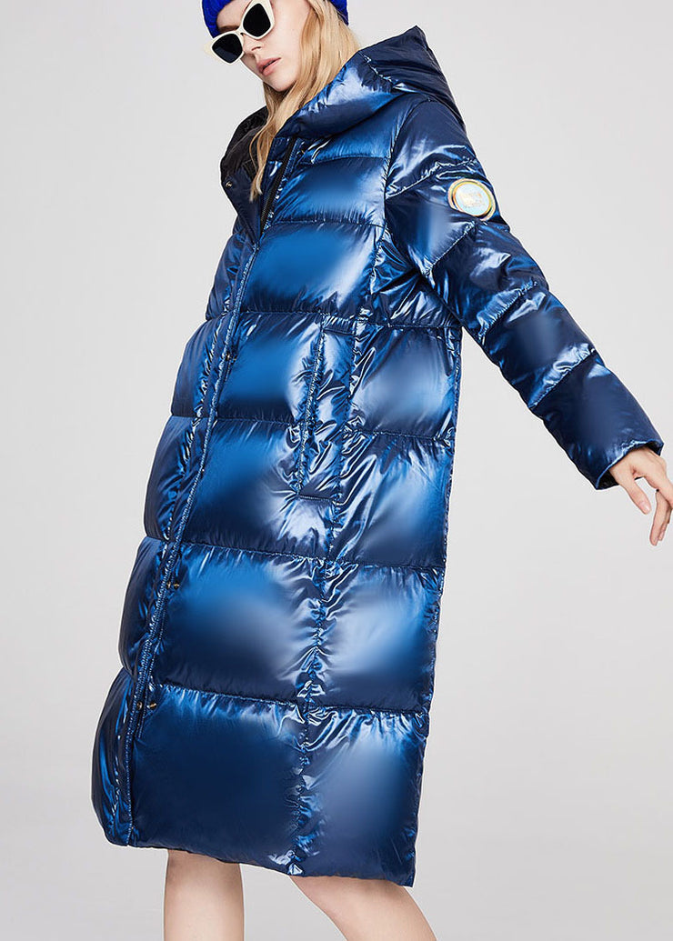 Luxuriöser blauer Reißverschluss mit Taschen, lockerer Winter-Entendaunenmantel