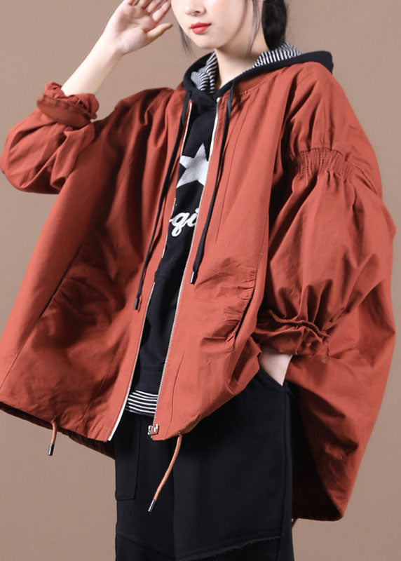 Luxury Brick Red Loose Zippered Wrinkled Fall Coats Long Sleeve
