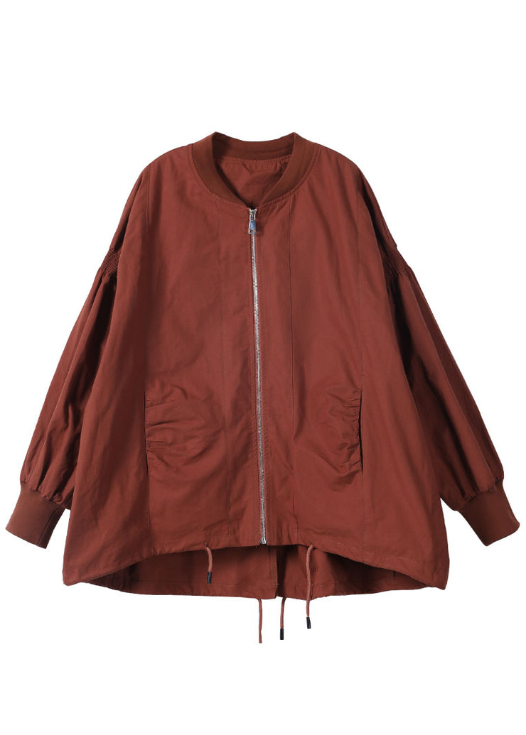 Luxury Brick Red Loose Zippered Wrinkled Fall Coats Long Sleeve