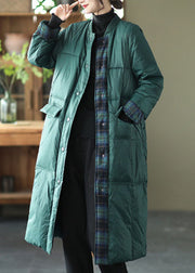 Luxury Green Stand Collar Button Pockets Patchwork Winter Down Coat