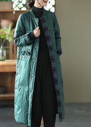 Luxury Green Stand Collar Button Pockets Patchwork Winter Down Coat