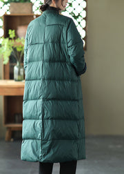 Luxuriöser grüner Stehkragen-Knopftaschen-Patchwork-Winter-Daunenmantel