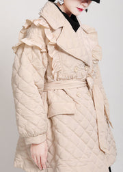 Luxuriöser Khaki-Taschen-Knopf Gerüschter Taillengürtel Winter-Baumwollparka mit langen Ärmeln