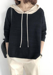 Luxury Khaki hooded drawstring Patchwork Fall Knit Sweatshirts Top