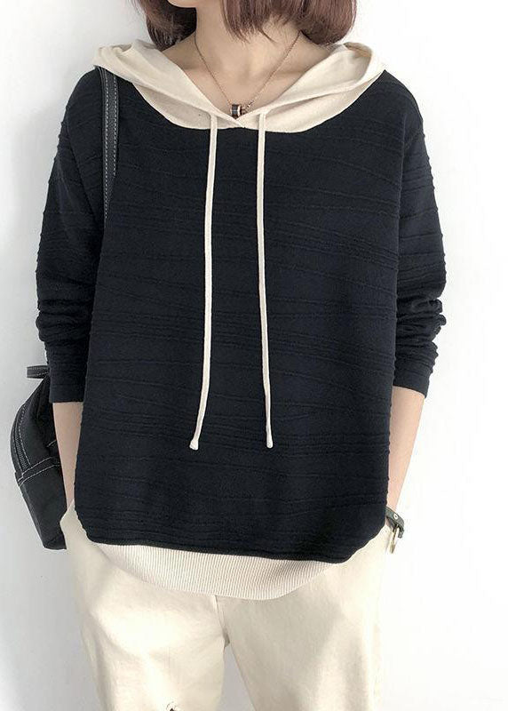 Luxury Khaki hooded drawstring Patchwork Fall Knit Sweatshirts Top