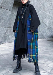 Luxury Loose fitting Jackets & Coats patchwork coat blue plaid tassel woolen outwear - SooLinen