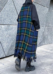 Luxury Loose fitting Jackets & Coats patchwork coat blue plaid tassel woolen outwear - SooLinen