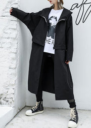 Luxury Loose fitting long hooded outwear black patchwork pockets coats - SooLinen