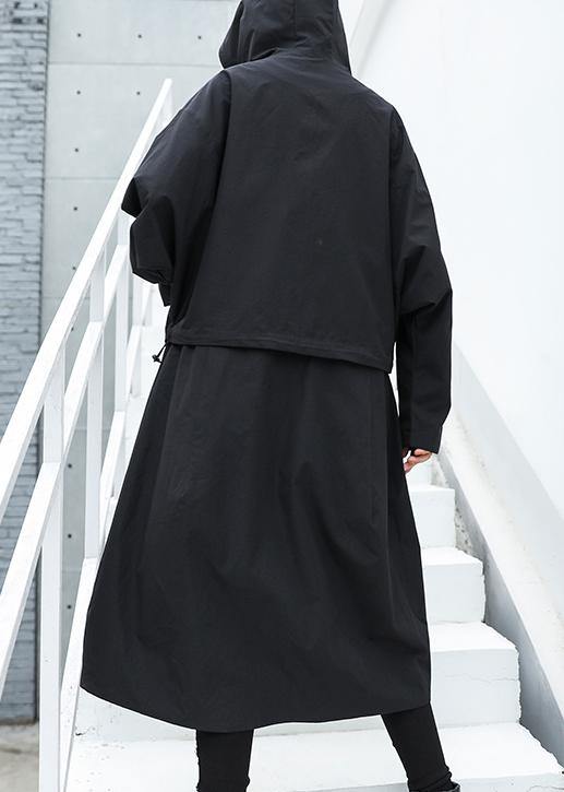 Luxury Loose fitting long hooded outwear black patchwork pockets coats - SooLinen