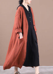 Luxury Orange Red Pockets Fall Long Knit Coat - SooLinen