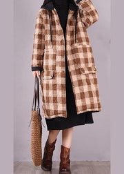 Luxury Oversize Outwear Chocolate Plaid Hooded Pockets Casual Outfit - SooLinen