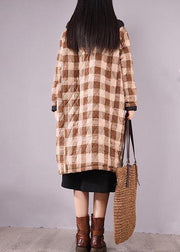 Luxury Oversize Outwear Chocolate Plaid Hooded Pockets Casual Outfit - SooLinen