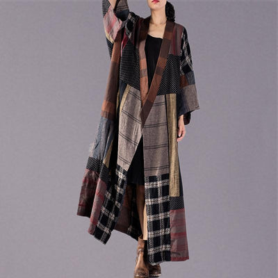 luxury plaid long coat plus size v neck baggy trench coat boutique tie ...