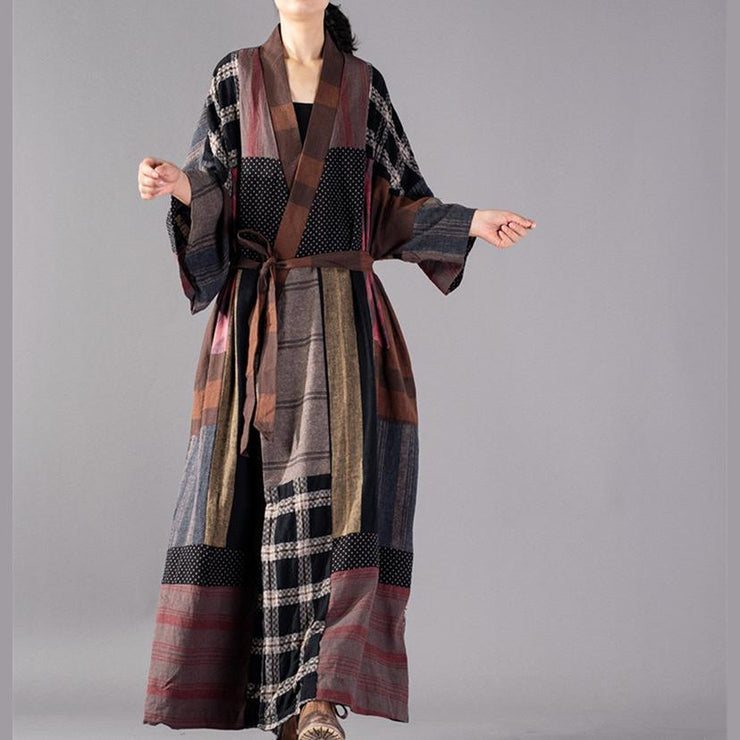 Luxury Plaid long coat plus size V neck baggy trench coat boutique tie waist patchwork long jackets