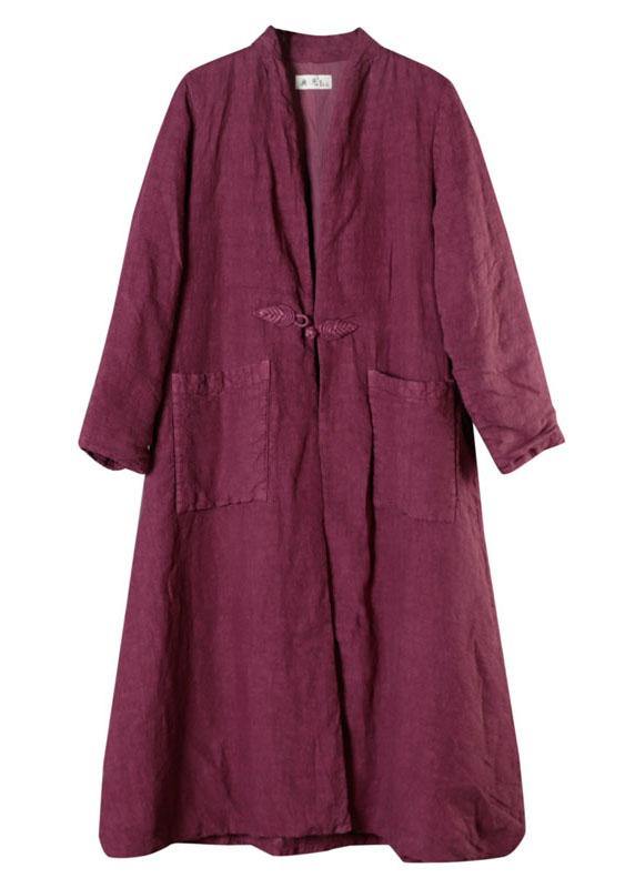 Luxury Purple Linen Button Pockets Winter Cotton Parka Long Sleeve - SooLinen