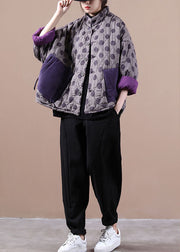 Luxury Purple Loose Button Cotton Coat Winter