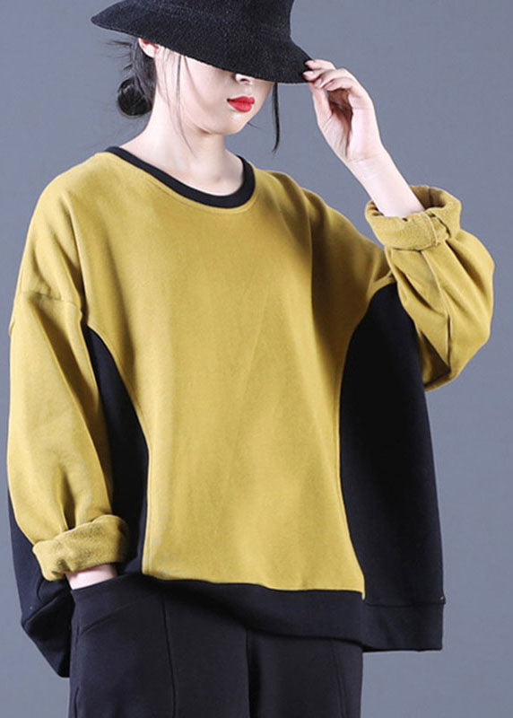 Luxuriöser gelber Patchwork-Pullover mit O-Ausschnitt, lockerer Herbst, Street Wear