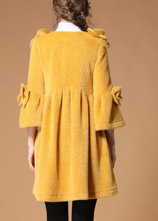 Luxury Yellow Pockets Button Floral Fall Coat